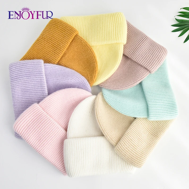 ENJOYFUR Women Winter Angora Hat Thick Warm Three Fold Long Rabbit Hair Wool Knit Hat Womens Fashion High quality Winter hats 5