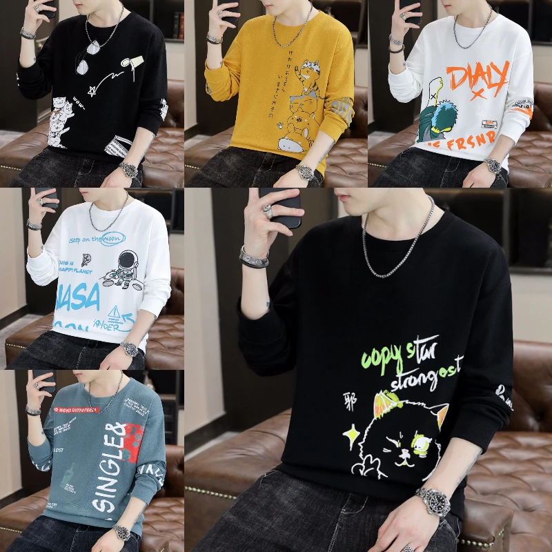 

6 Styles!2023 Autumn New Loose Round Neck Sweater Men's Printed Pullover Trendy Top Promo Sweatshirts