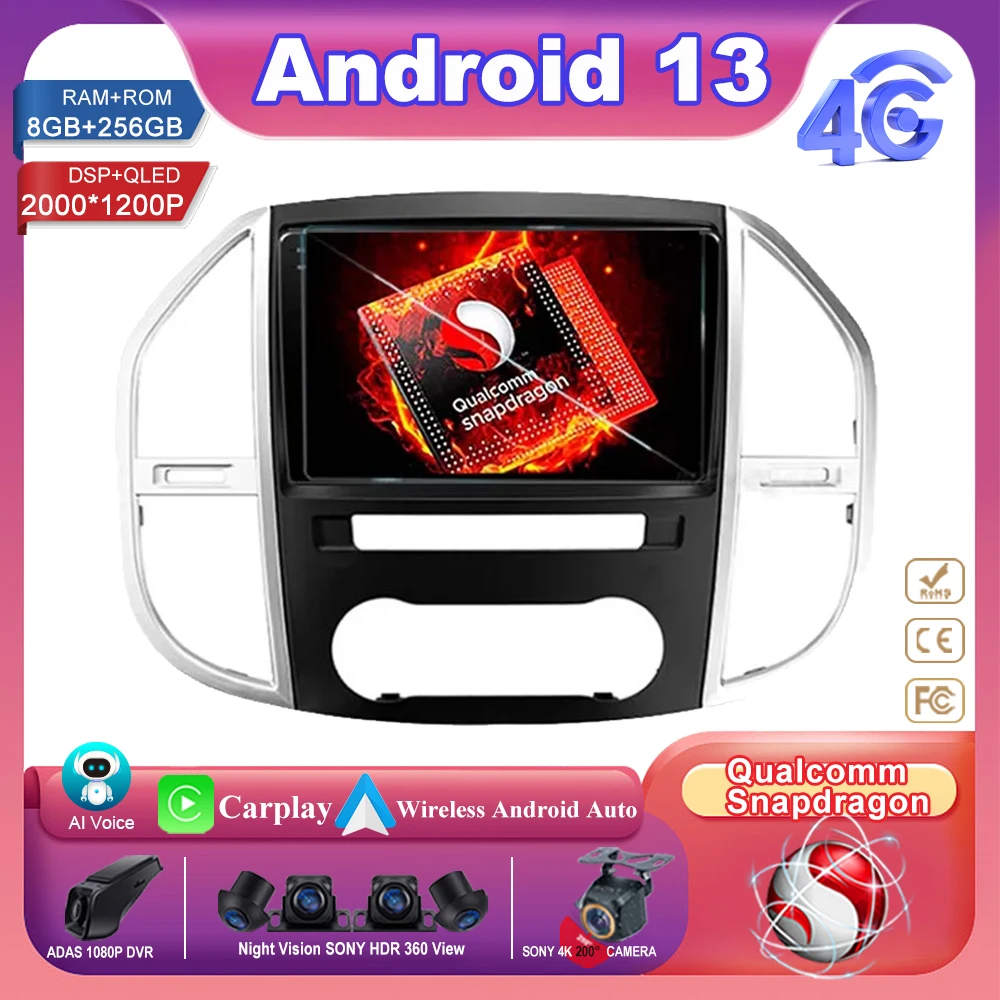 

Автомагнитола Qualcomm Snapdragon Android 13, мультимедийный проигрыватель, Навигация BT 2din, DVD для Mercedes Benz Vito 3 2014 - 2020 Carplay