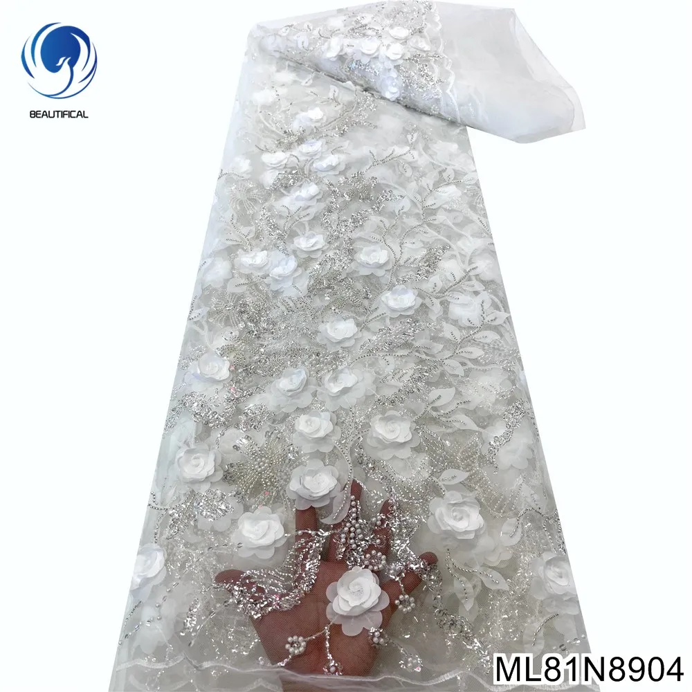 

African net beaded lace fabric 2022 high quality 3d flower lace with sequins and pearl 5 yadrs white french tulle lace ML81N89