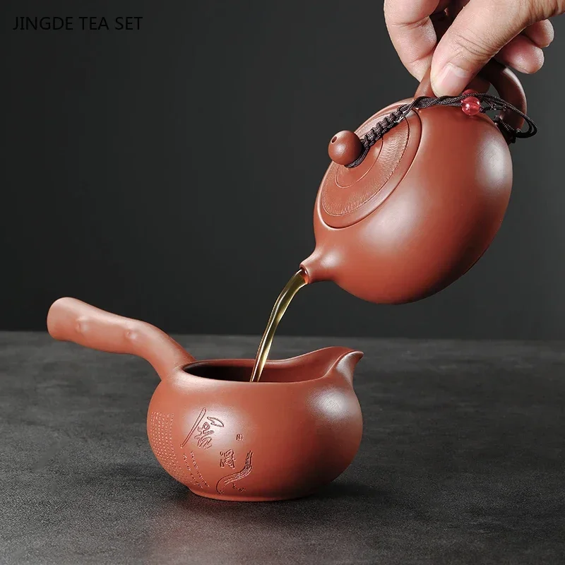 1PCS Yixing Handmade Purple Clay Teapot Original Ore Old Vermilion Clay Zisha Tea Pot Teacup Fair Cup Lid Bowl