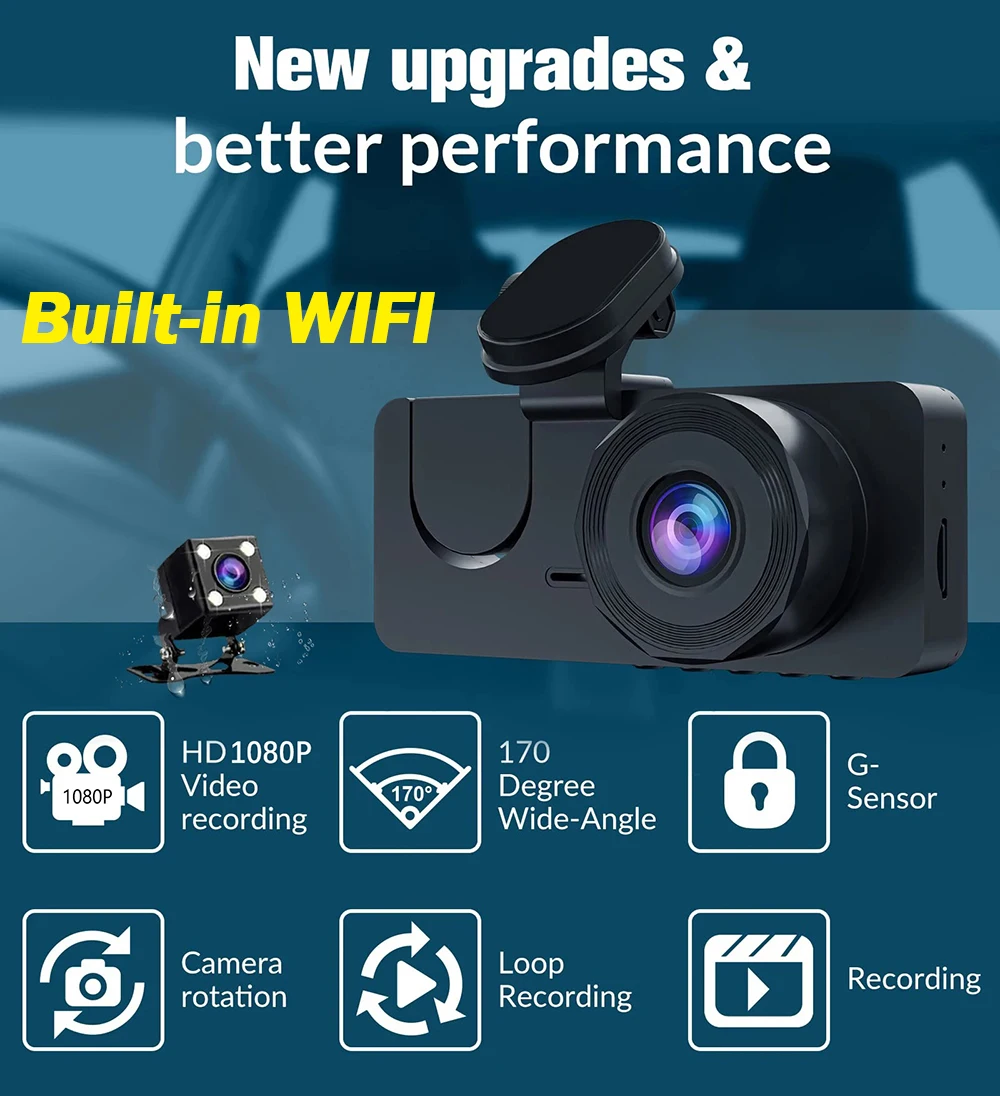 Description Picture 3 of item1080P 2/3 Camera Dash Cam WIFI APP W/ IR Night Vision Loop Recording Parking Monitor Car DVR video recorder Car camera For Cars