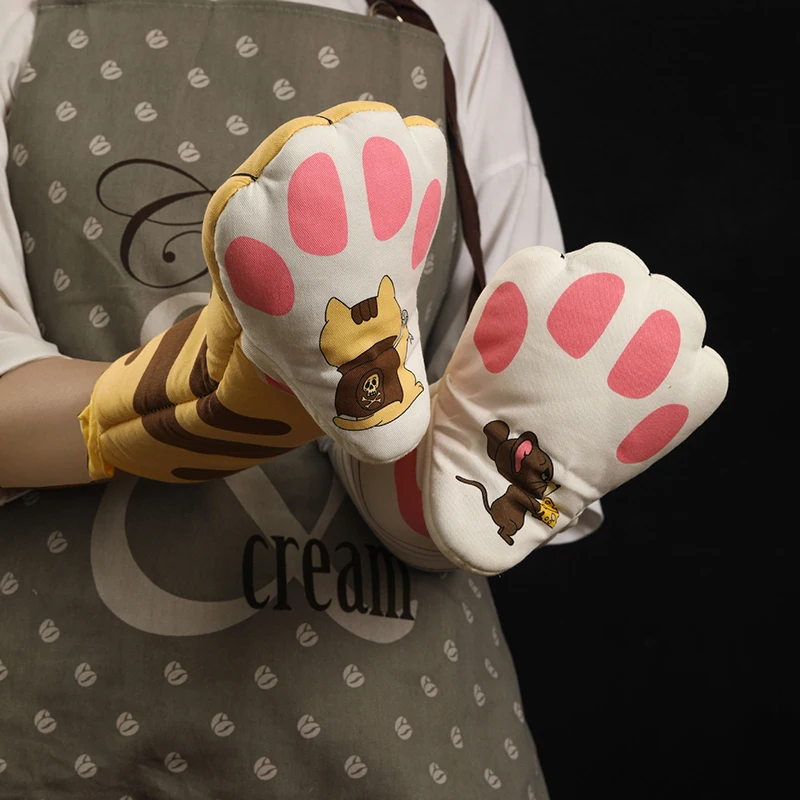 Silicone Oven Mitts Kitchen Gloves Silicone Oven Gloves Silicone Oven Protector 1Pc Cute Cat Paws Oven Mitts Cartoon Anti-Scald Microwave Heat Resistant Insulation Non-Slip Kitchen Cooking Gloves Baking Tool