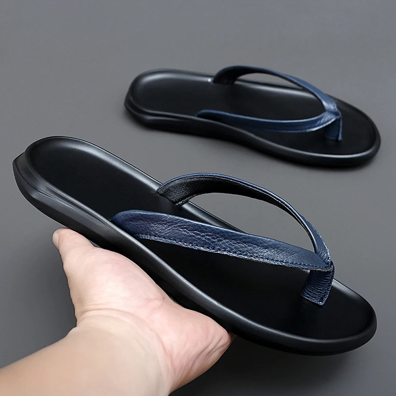 Summer Mens Luxury Genuine Leather Flip Flops Slippers For Men High Quality Flat Slippers Minimalist Size 38-44 Dropshipping — view 2