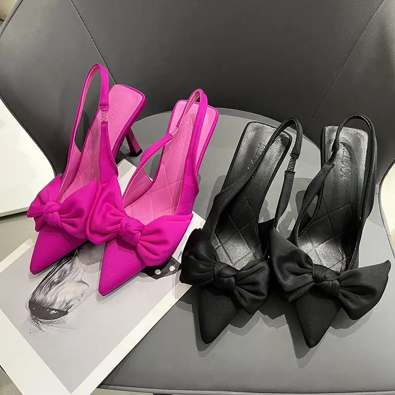 

2024 Spring New Butterfly Knot Women Slingbacks Heels Shoes Sexy Dress Thin Heel Pointed Toe Ladies High Heels Women