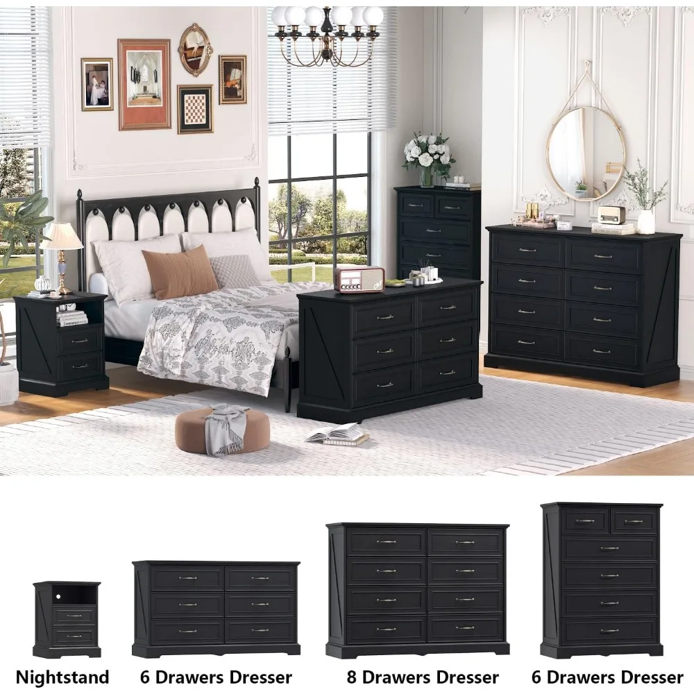Farmhouse Nightstand with Charging Station, Side Table with 2 Storage Drawers, Rustic Wood Night Stand with Metal Handle 6