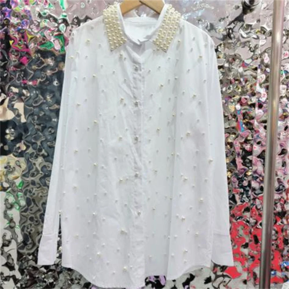 New Women'S Fashion Bead Slim White Loose Shirt Camisas Femininas Chemises Et Camicette