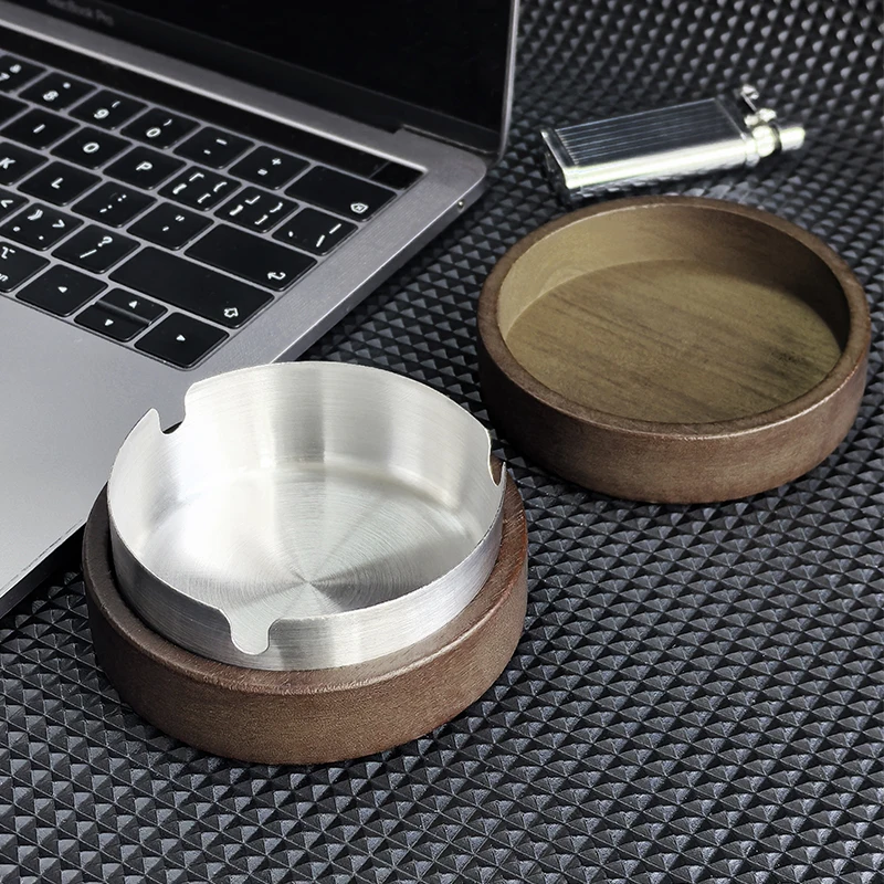 Acacia Wood Desktop Ashtray With Lid Stainless Steel Windproof Ash Tray Easy to Clean for Office Home Smoking Accessories