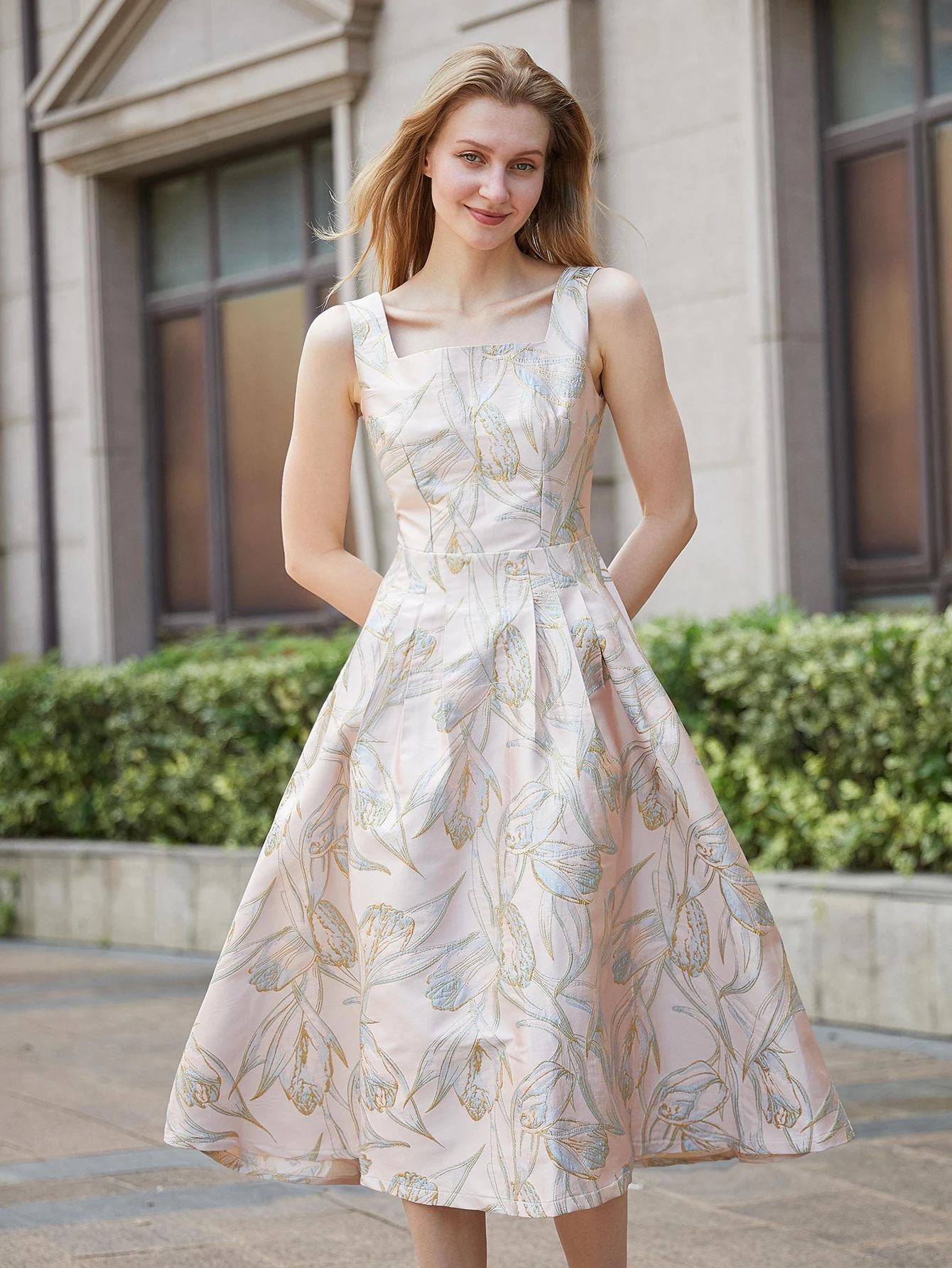 green emerald velvet dress Cape detail sleeve A-line midi length patterned jacquard dress – John Paul  Ataker main image 0