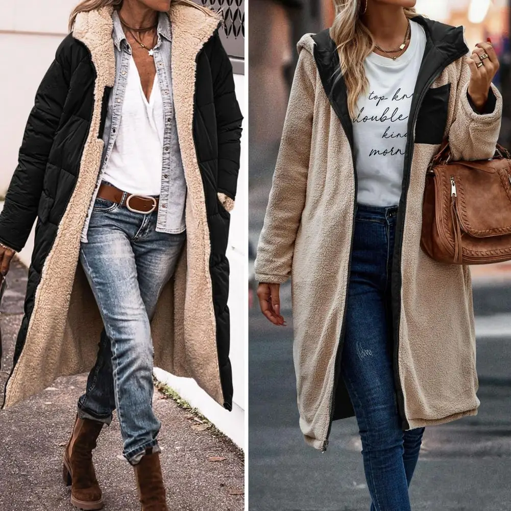 2023 Winter Mid-Length Hooded Cotton Jacket Women Autumn Plush Lining Solid Ladies Parka Loose Female Zipper Outwear Double Wear