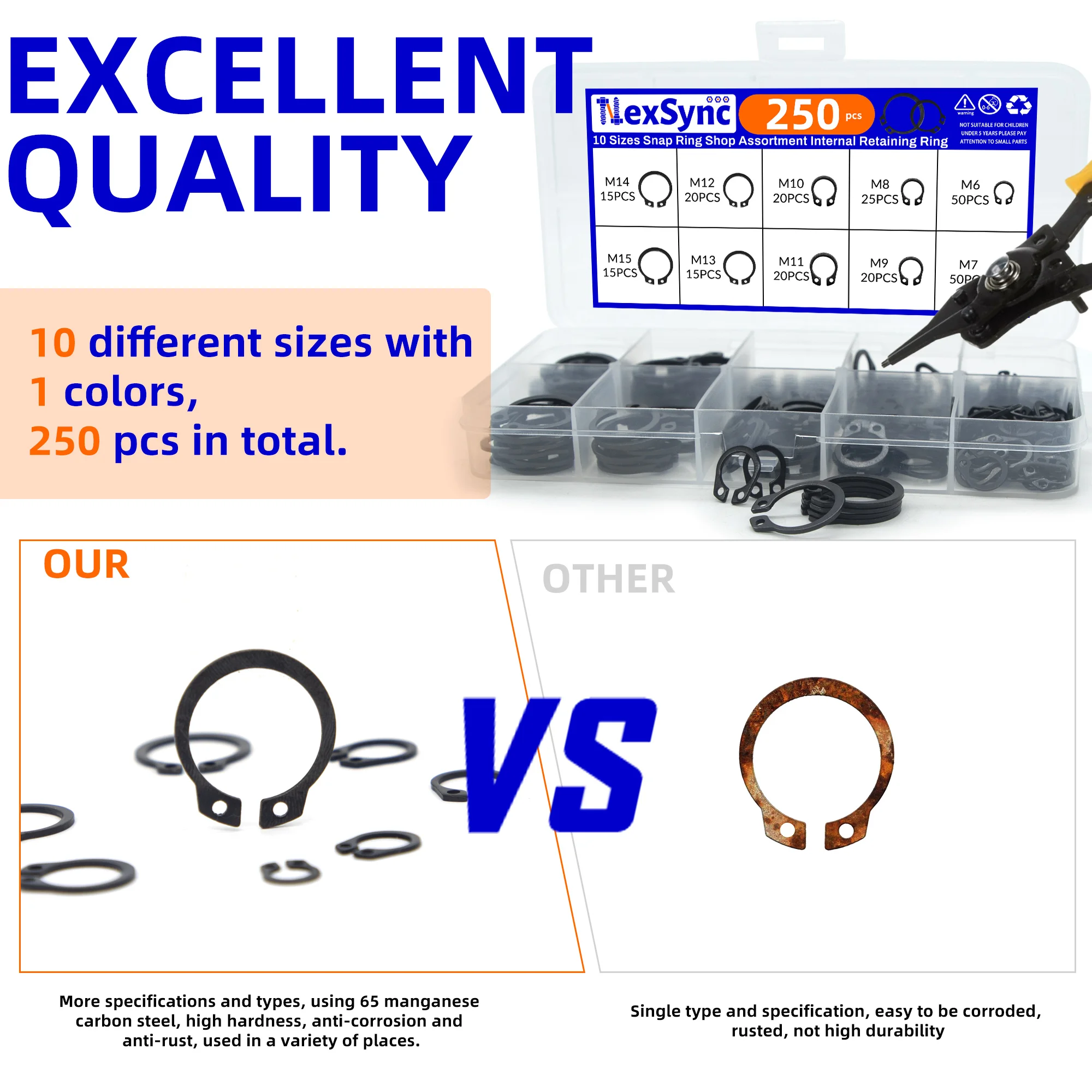 250pcs Assortment Kit Set M6 to M15 Black 65mn Shaft Bearing Retaining Clip Snap Ring C Type External Circlip