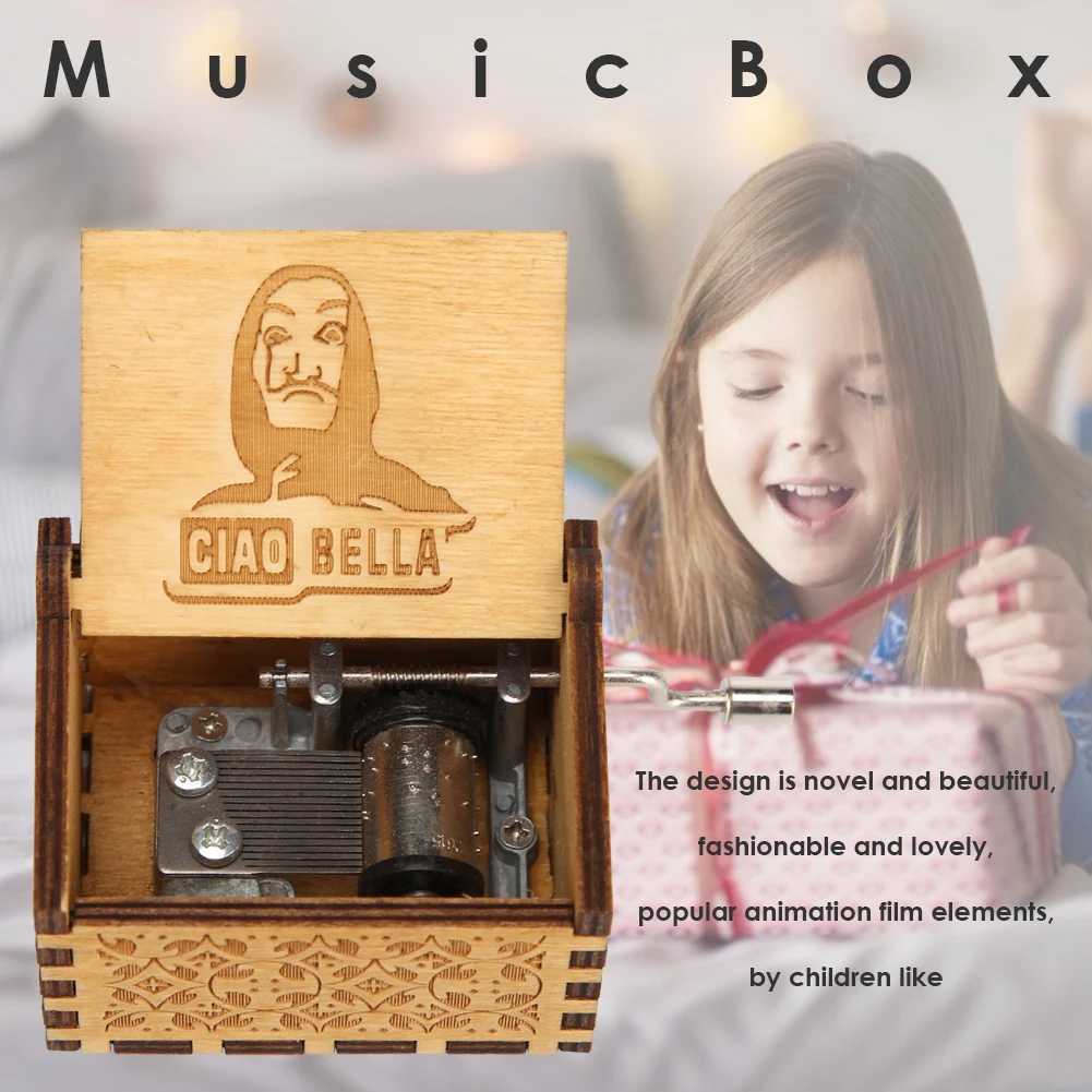 Retro Carved Wood Music Box Hand Cranked Music Box Home Decor Ciao Bella Wooden Music Box Birthday Christmas New Year Gift 4