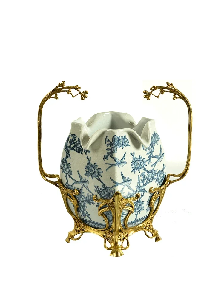 

blue and white ceramics with copper vases, flower arrangers, high-end luxury living room entrances, housewarming gift ornaments