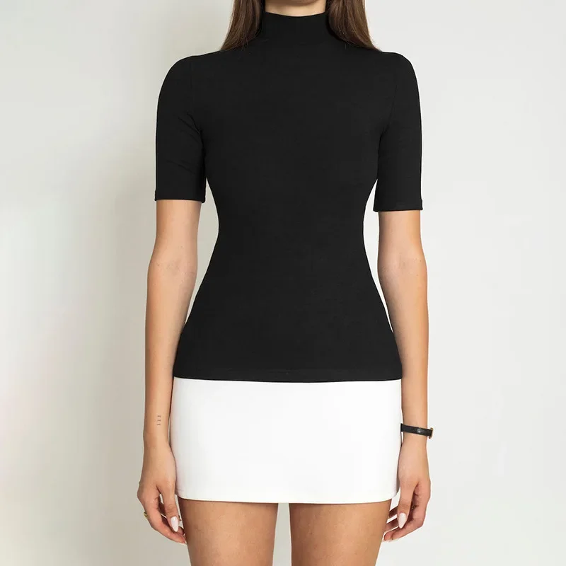 2025 New Spring Summer Turtleneck Half Sleeve Mini Dresses French Style Fashion Elegant Black And White Patchwork Bodycon Dress 4