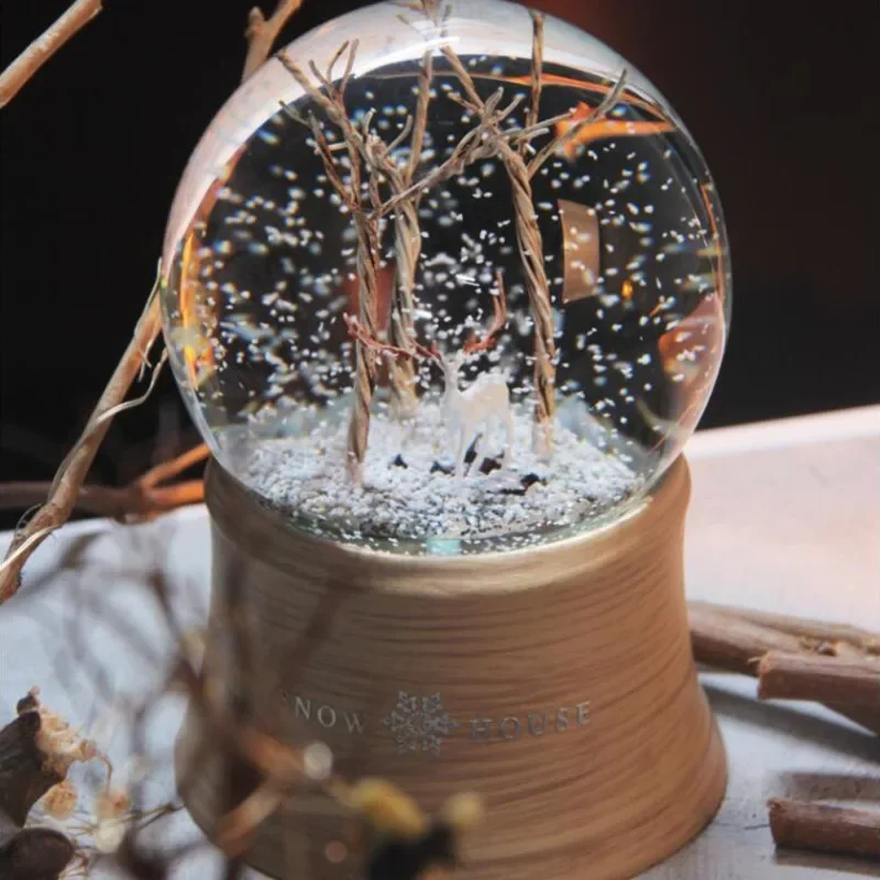 

Snow Music Box Figurines Miniatures Crystal Ball Tree Christmas Home Decoration Wind Up Room Decor Interior Kawaii Miniature