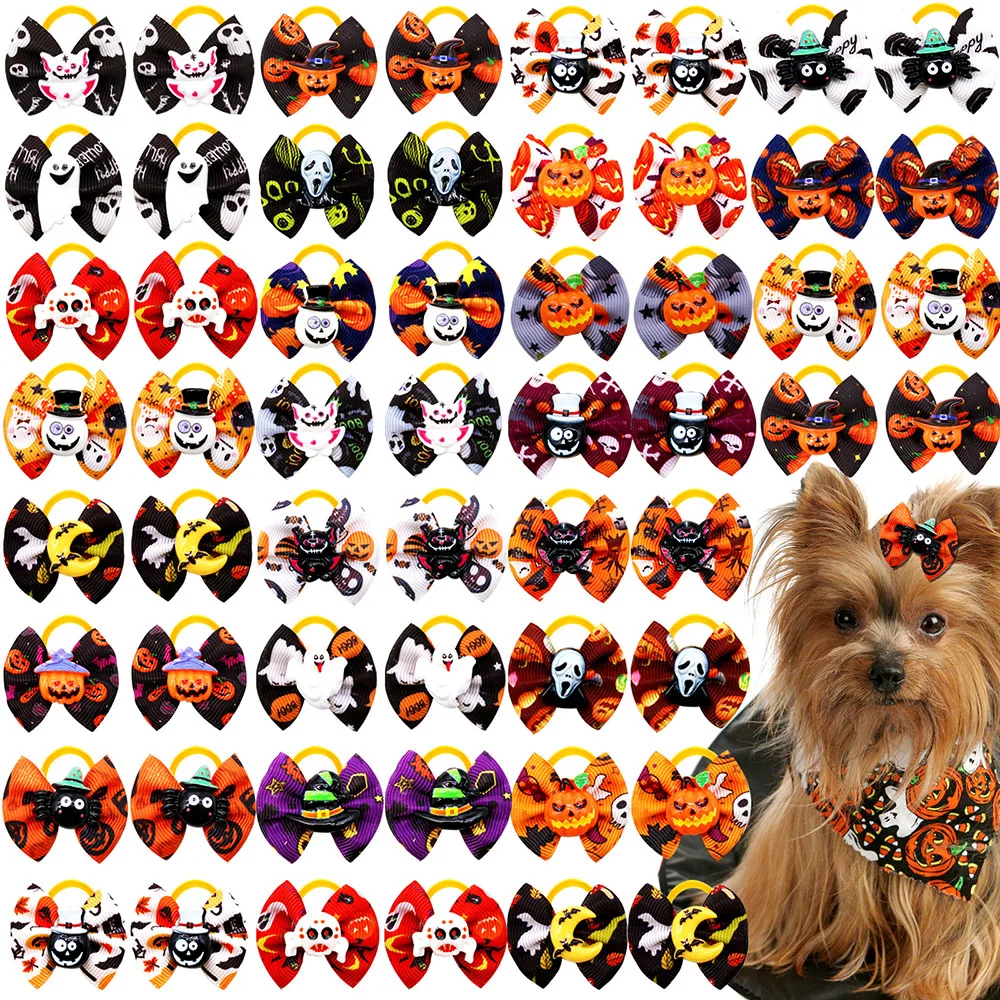 50/100PCS Mode Hund Bögen Für Halloween Party Welpen Bowknots Schädel Kürbis Geist Zubehör Pet Haar Liefert Für hunde Groß – Detail 1