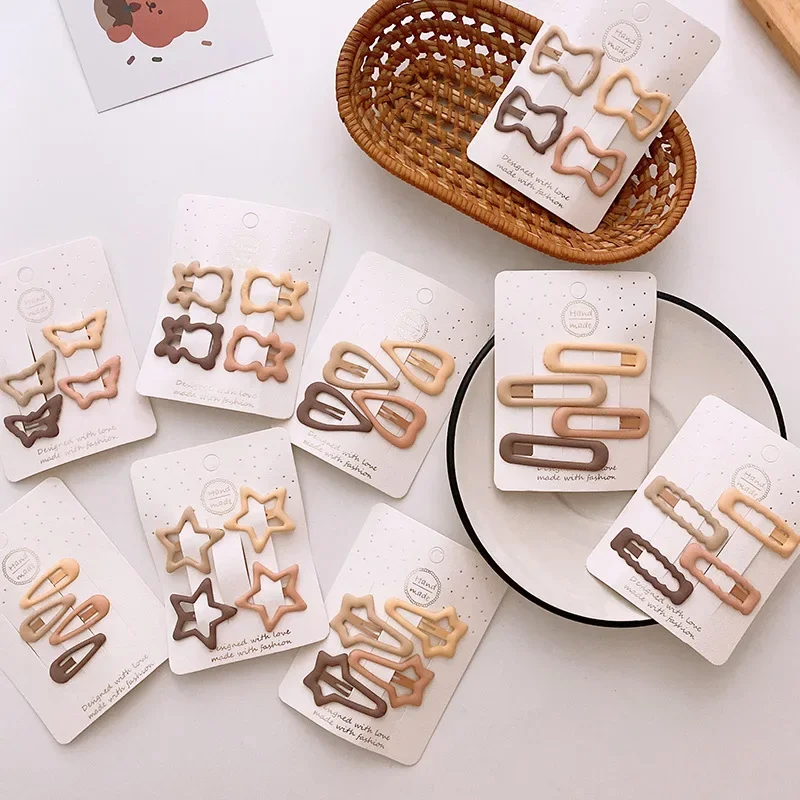 4PCS/lot Baby Solid Hair Clips Star Rabbits Bear Hairpins for Girls Children Milk Tea Color Geometric Pins Cute Hair Accessories 6