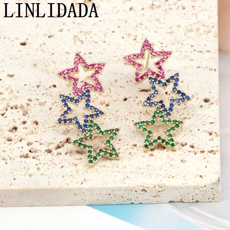 

5Pairs New Style Women Party Wedding Fashion Jewelry Gold Plated Heart Star Colorful Cubic Zirconia Charm Earring Gift