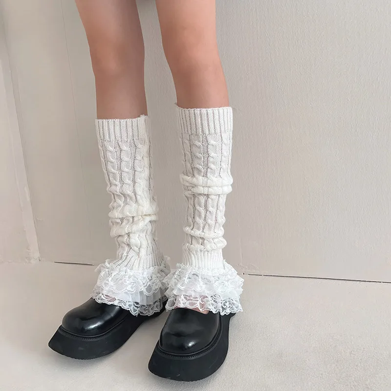 

Lolita Lace Leg Warmer Women Knitted Long Socks Japanese Autumn Winter Twist Stripes Foot Cover JK Bunching Boot Cuffs Stockings
