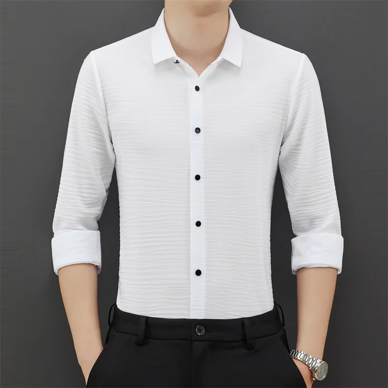 

2022 Spring and Autumn Men's Long Sleeve High Elasticity Slim Fit Business Casual White Shirt Solid Color Men's Striped Shirt