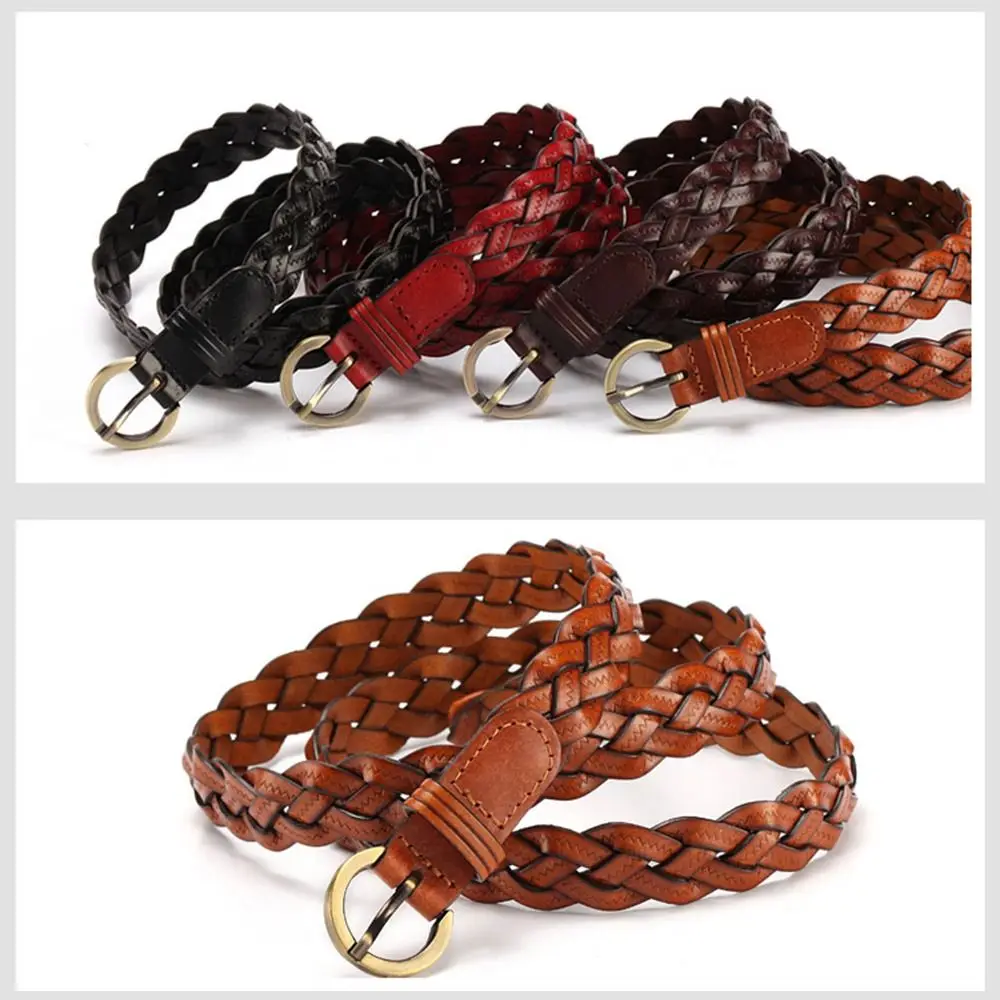 

Women Wild Vintage Female Cowhide Braided Belt Ladies Dress Cummerbands Weave Waist Band Pin Buckle Waistband