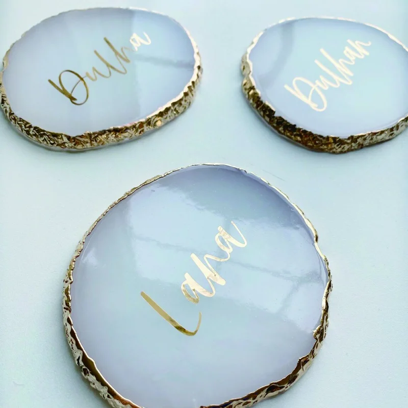 

Personalized Resin Agate Coaster, Custom Ring and Earrings Display Plate, Gold and Pink, Bridal Bridesmaid Proposal, Wedding Gif