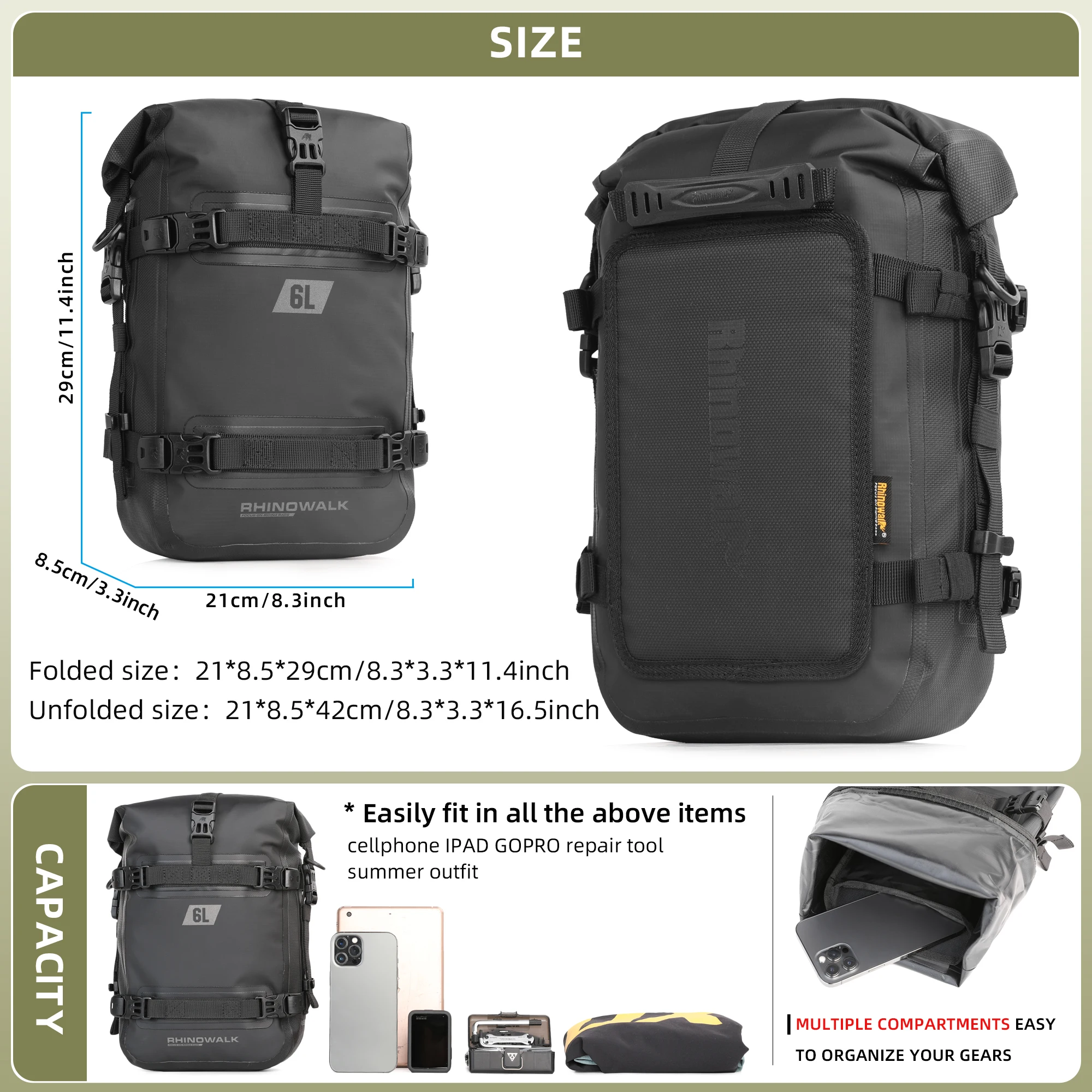 Rhinowalk-Waterproof Motorcycle Tank Bag for Men, Combinable Motorcycle Bumper Bag, Travel Luggage Bag, 6L