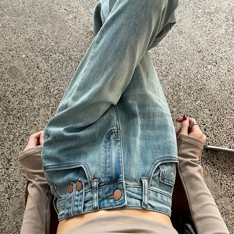 Retro Denim Jeans Straight Loose High Waist Pants Women Spring And Autumn New Fashion Floor Narrow Wide Leg Trouser