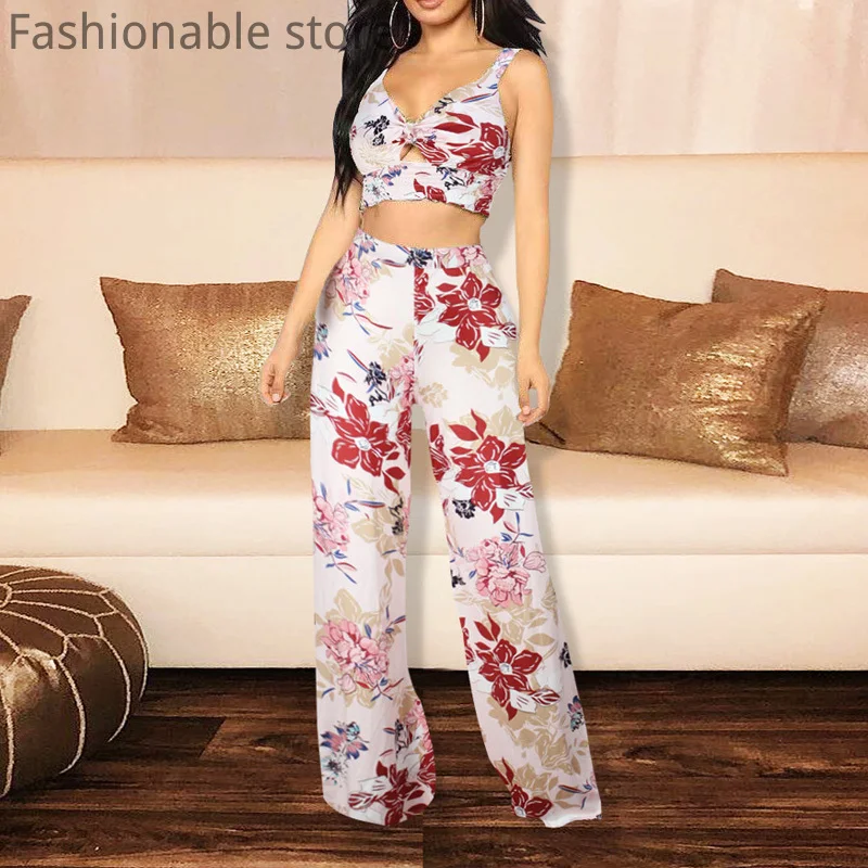 Women Summer Print Sleeveless V Neck Tank Top And High Waist Wide Leg