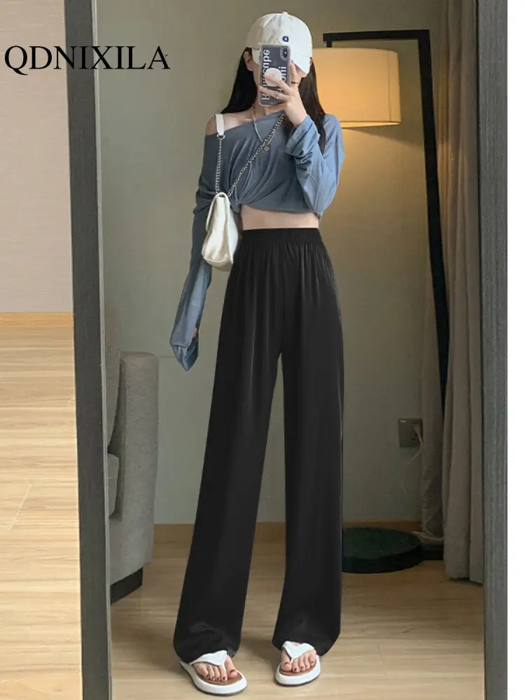 

Summer Silk Satin Women's Pants High Waist Casual Black Korean Fashion Wide Leg Suit Pants for Women Trousers clothes for women