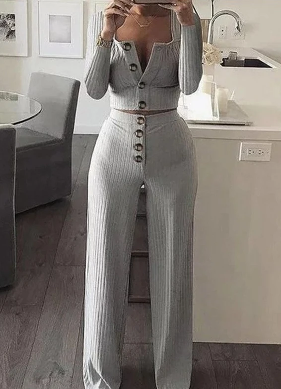 Two Piece Set Women Outfit 2023 Spring Fashion Square Neck Long Sleeve Casual Short Cardigan Top & Buttoned Casual Pants Suit