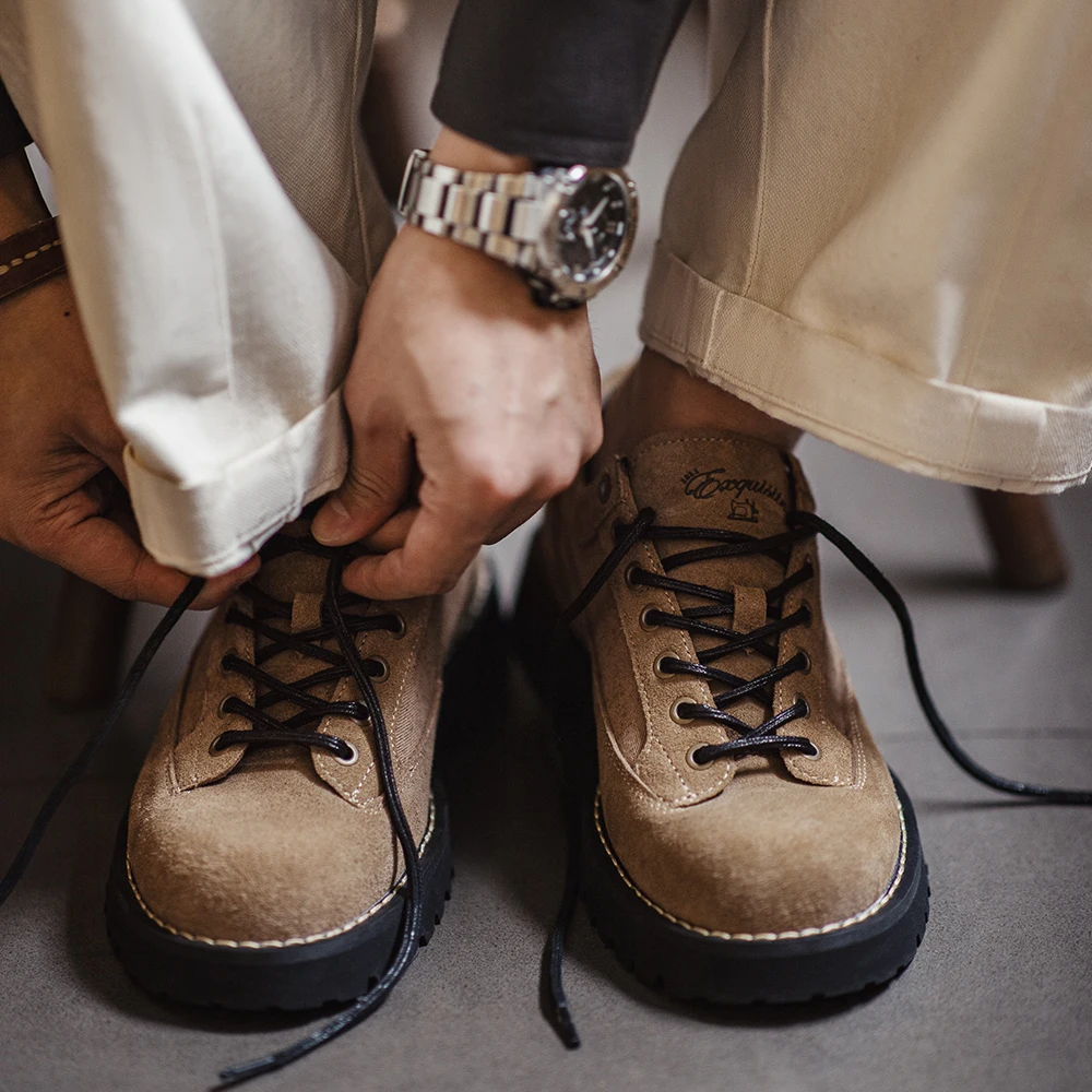 Maden Vintage Cow Suede Shoes Lace-up Thick-soled Low-cut Work Shoes Casual Leather for Men's Fall and Winter Dress