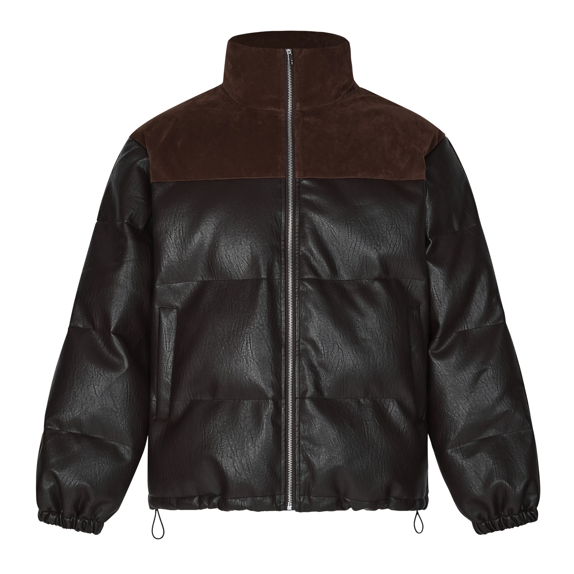 

MADEEXTREME Spliced PU Leather Puffer Jacket Half High Collar Warm Bread Cotton Coat for Men and Women