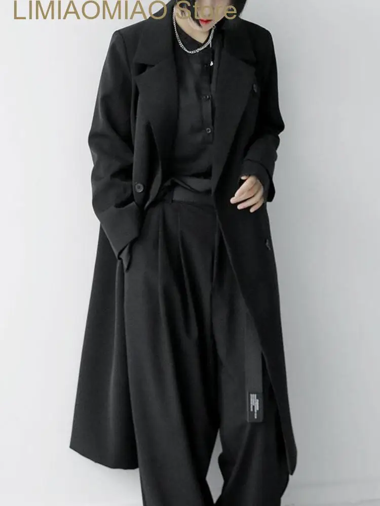 New Trench Coat for Women Spring Autumn Black Lapel Double Row Button Long Blazer Windbreaker Coats and Jackets Women Clothing
