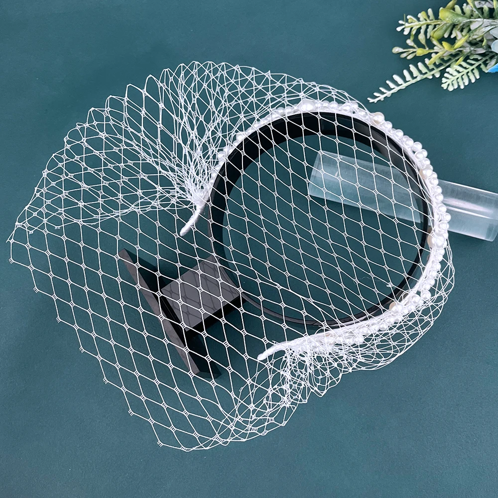 JM26 Tüllkäfigschleier mit Perlen Hochzeit Vogelkäfigschleier mit Stirnband Gesichtsbedeckung Braut Kopfschmuck Hochzeitsaccessoires Mariage – Detail 4