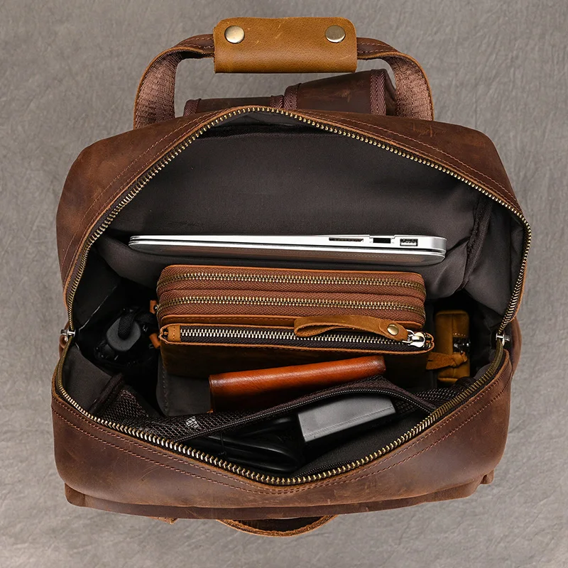 Crazy Horse Leather Men Backpack For Camera Big Capacity Travel Bagpack Man 15.6 inch Laptop Daypack Cow Leather Rucksack 4