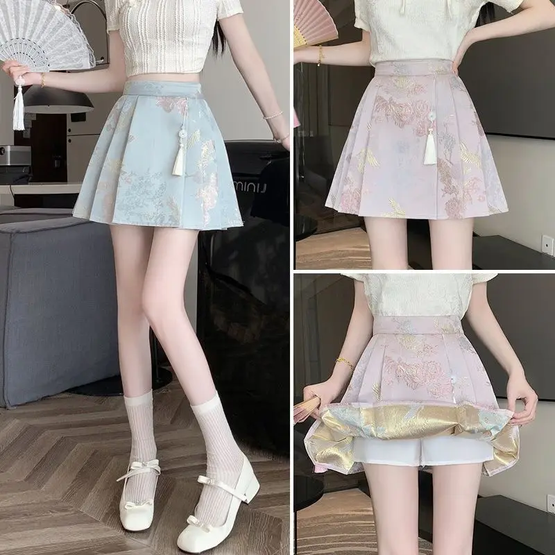 New Chinese Style Jacquard Embroidered Pleated Skirt for