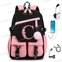 26 Initials Flower School Bags for Teenage Girls Pink Flower Alphabet Cute Gift Students Bookbag Letters A B C D Travel Bagpack 1