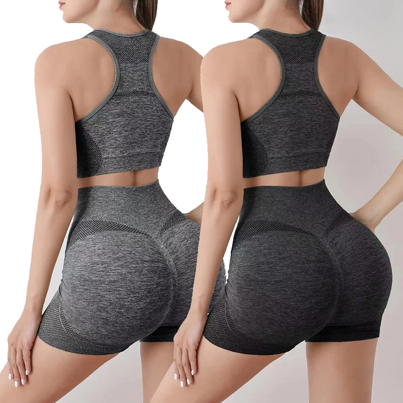 

2pcs Yoga Sets Womens Outfits Peach Hip Lifting Suit Neck Hanging Sports Bra Shockproof Quick Drying Shorts Set Female Tracksuit