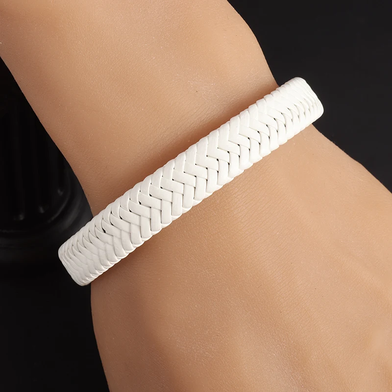 Unisex Trend Bangle Couple Jewelry White Woven Leather Metal Magnetic Button Bracelet