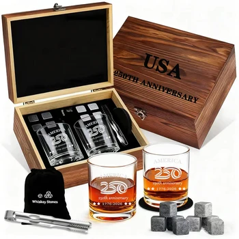 1776-2026 USA 250th Anniversary Whiskey Glass Cup With Wood Box 1