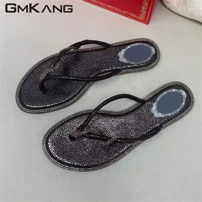 Summer women's foot clip diamond snake round flat herringbone slippers