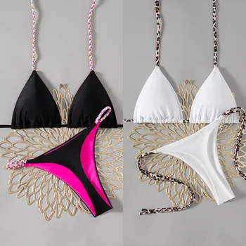 Lace-up Solid Color G-string Sexy Bikini Split Swimsuit Women