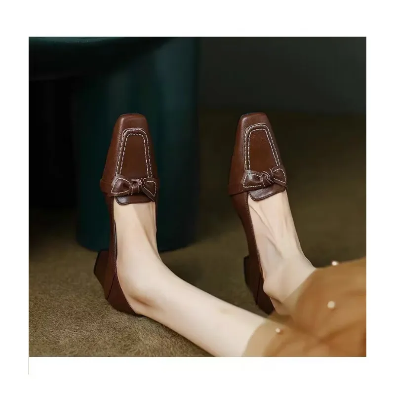Women Retro Bowknot High Heels Spring Autumn Fashion Elegant Square Toe Stiletto Chunky Heels Pumps Party Dress Casual Shoes 6
