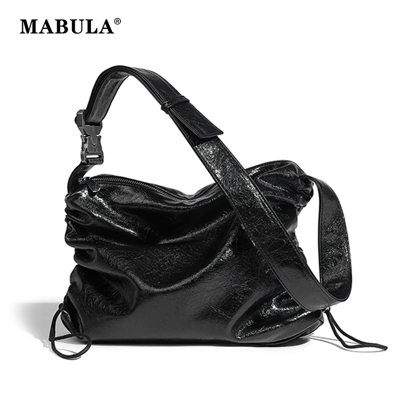 

MABULA Pleated String Solid Color Shoulder Purse For Woman Small Fashion PU Leather Female Tote Purse Simple Shopper Crossbody
