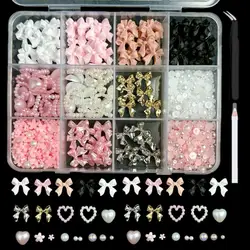 Nail Art Decorations Kit with Resin Bows & Mixed - Size Pearls - DIY Manicure Accessories in Storage Box (Nail box with pens)