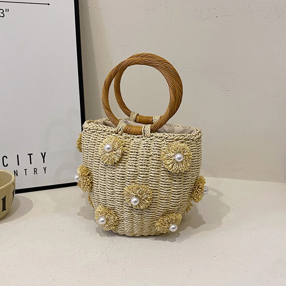 Women Straw Tote Handbag with Pearls Handmade Woven Bag Hand-Woven Straw Bag Summer Holiday Beach Bag