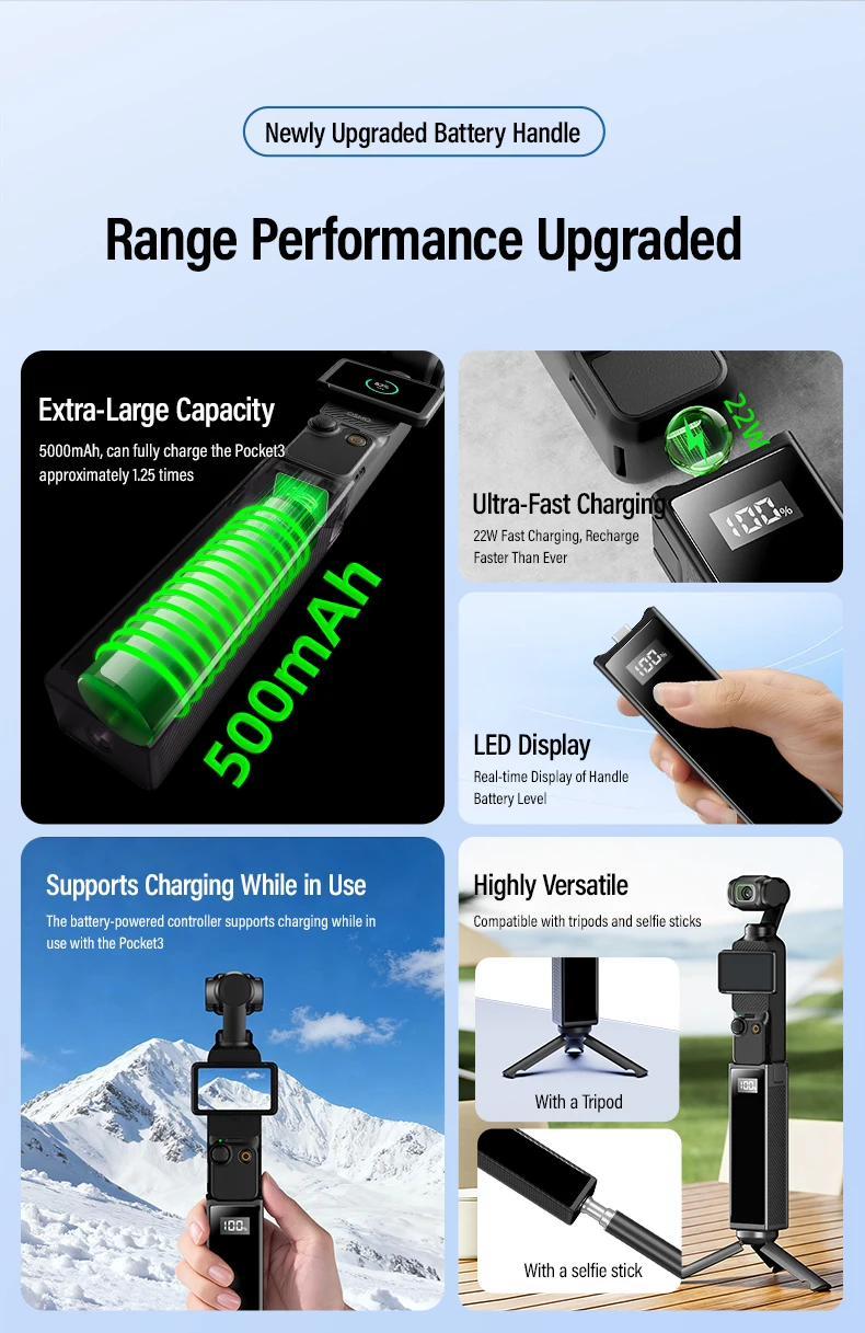 2In1 Upgrade 5000mAh Battery Handle for DJI Osmo Pocket 3 and Cell Phones Portab