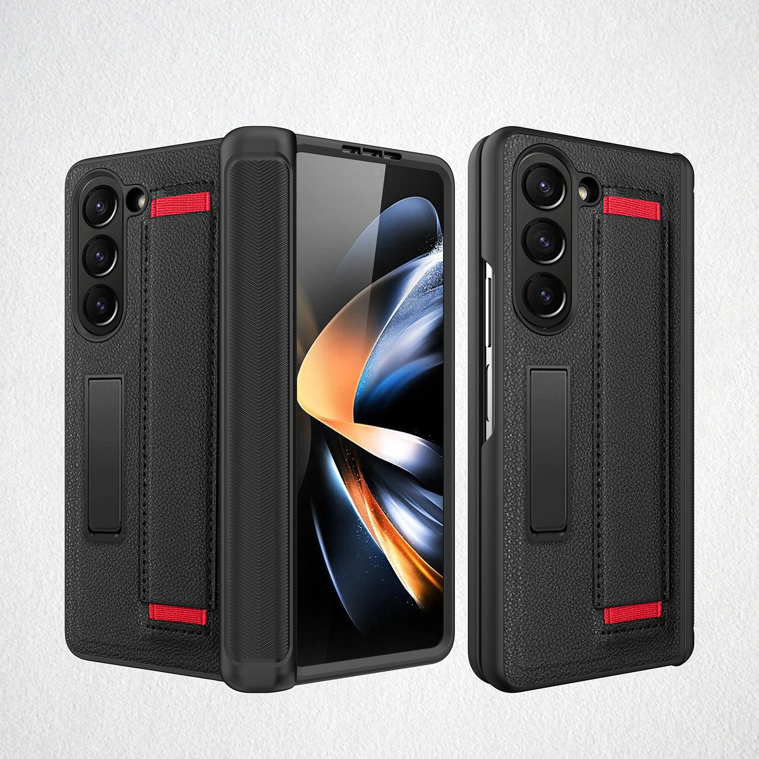 For Samsung Galaxy Z Fold 5 Case Wrist Strap Bracket Leather With Tempered Film Shockproof Folding Protection Cover Accessories