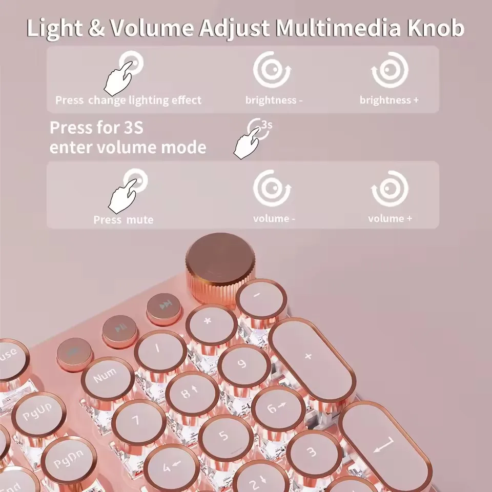 EWEADN V20 Mechanical Keyboard Retro Punk Typewriter Wireless Tri-model 104Keys Round Keycaps White Backlit Office Computer Mute